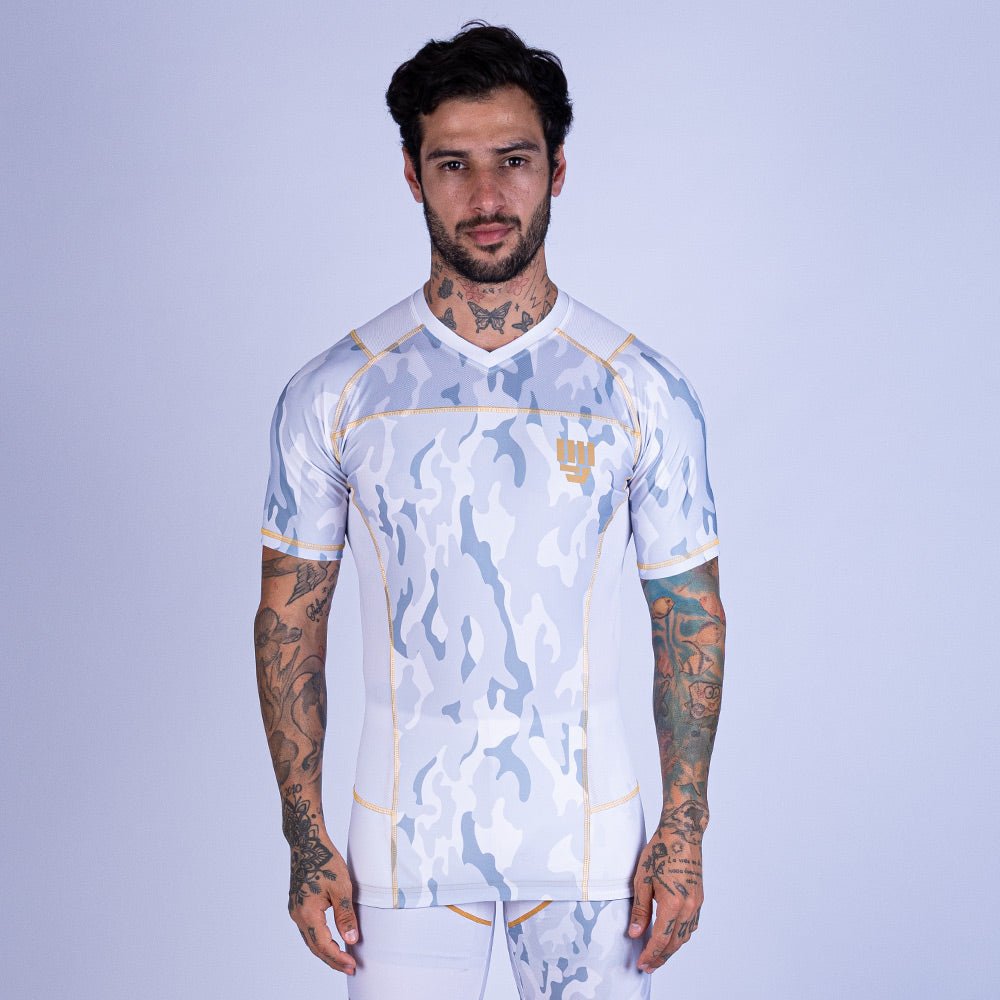 Rashguard de MMA Uppercut manga corta blanco/dorado