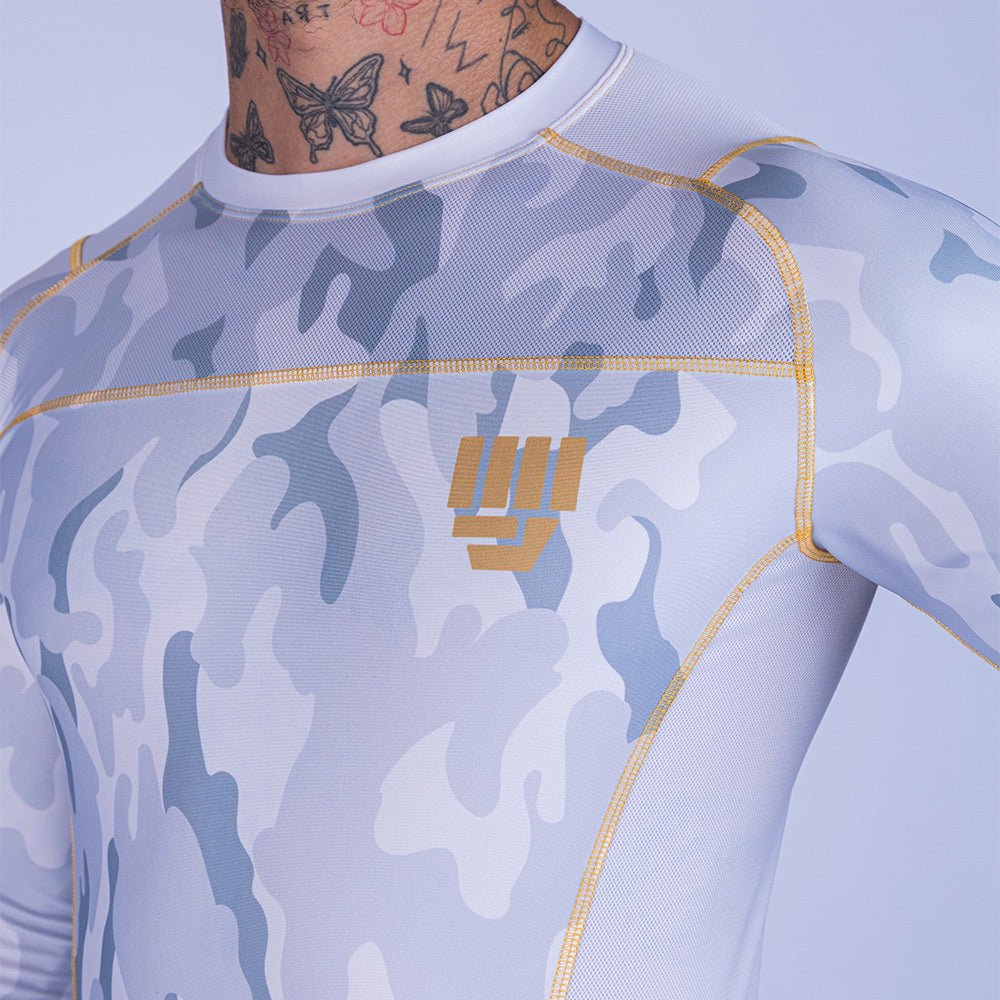 Rashguard de MMA Uppercut manga larga blanco/dorado